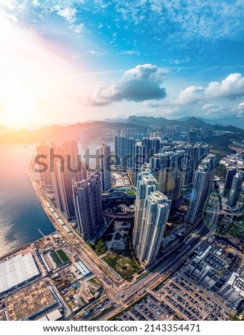 Panorama image of Hong Kong Cityscape at aerial view