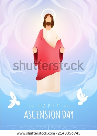 Happy Ascension Day Design with Jesus Christ in Heaven Vector Illustration.  Illustration of resurrection Jesus Christ. Sacrifice of Messiah for humanity redemption.  Royalty-Free Stock Photo #2143356945