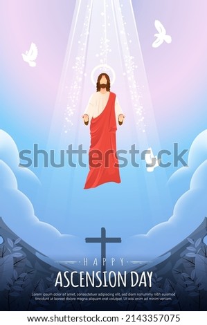 Happy Ascension Day Design with Jesus Christ in Heaven Vector Illustration.  Illustration of resurrection Jesus Christ. Sacrifice of Messiah for humanity redemption.  Royalty-Free Stock Photo #2143357075