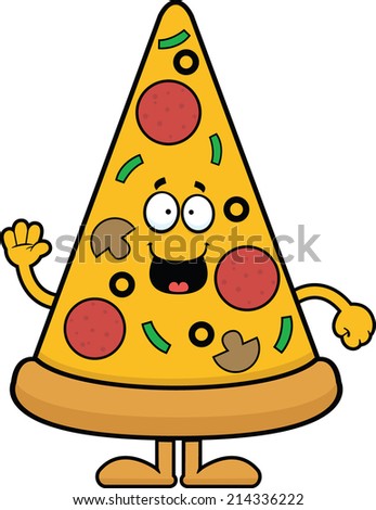 Cartoon illustration of a pizza slice with a happy expression. 