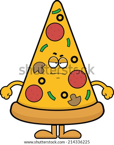 Cartoon illustration of a pizza slice with a grumpy expression. 