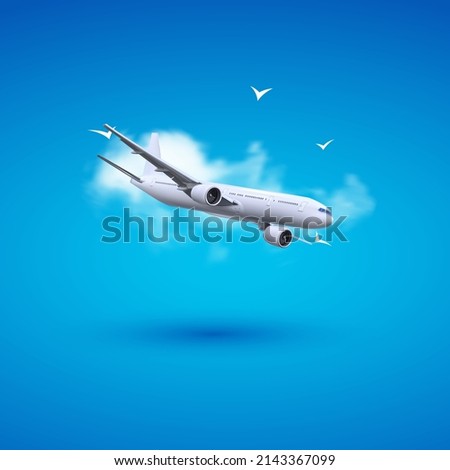 Vector 3d illustration of airplane in the clouds. Travel concept. Booking service or travel agency sign. Air transportation. Flight tickets. Advertising banner. Royalty-Free Stock Photo #2143367099