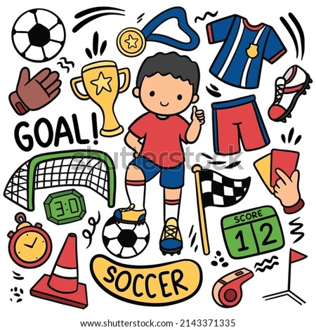 Set of Cartoon Soccer Ball Equipments Doodle Vector Illustration