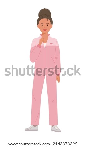 A woman in a pink sweatshirt is cheering with clenched fists. flat design style vector illustration.