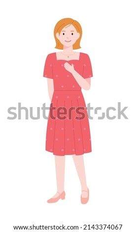 A woman in a beautiful one-piece dress stands elegantly with her hands on her chest. flat design style vector illustration.