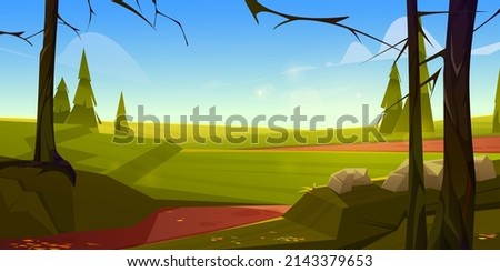 Cartoon nature landscape, rural dirt road going along green field with coniferous and deciduous trees. Path and spruces under blue sky with rare clouds, scenery wood background, vector illustration