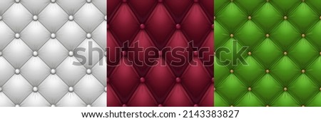Leather upholstery textures, luxury sofa fabric. Vector realistic backgrounds, seamless patterns of upholstered furniture, couch or chair surface. White, red and green sofa cover with buttons Royalty-Free Stock Photo #2143383827