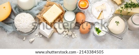 Fresh diary products on light background. Halthy food concept. Top view, flat lay, copy space, panorama
 Royalty-Free Stock Photo #2143384505