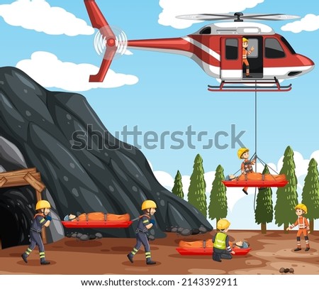 Cave scene with firerman rescue in cartoon style illustration