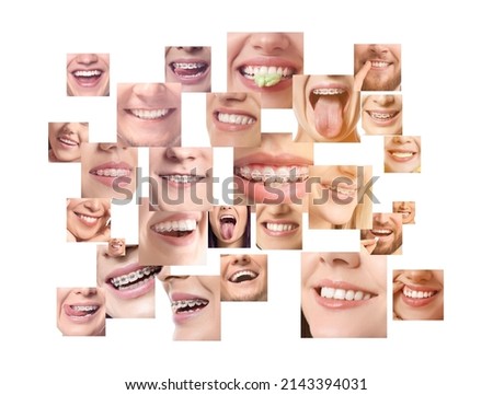 Collage with many happy smiling people on white background