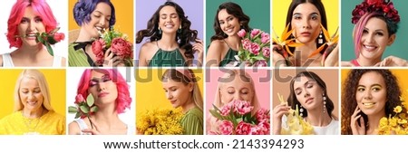 Collage with different women and beautiful flowers. Hello spring