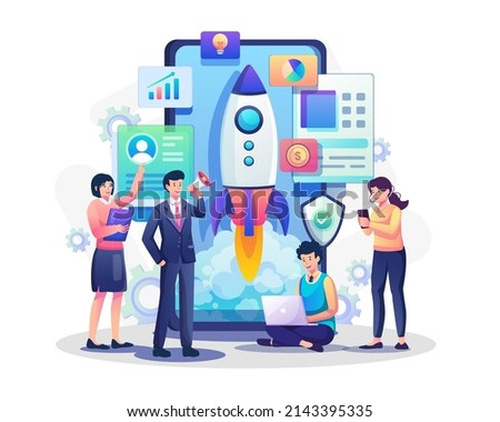 Startup project mobile development team. Rocket startup takes off for launching a new business. Start Your Business. Flat style vector illustration Royalty-Free Stock Photo #2143395335
