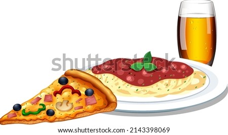Spaghetti pizza and beer illustration