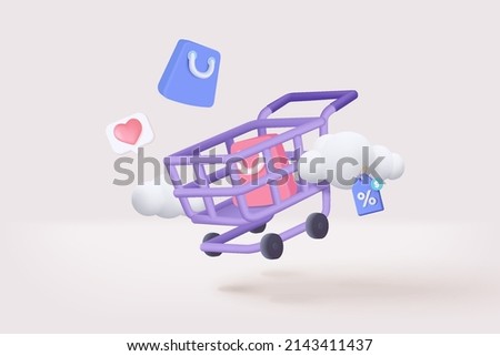 3D shopping cart with cloud for online shopping and digital marketing ideas. basket and promotional labels on white background shopping bag buy sell discount 3d vector icon illustration Royalty-Free Stock Photo #2143411437