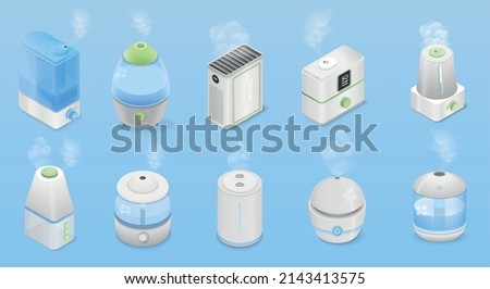 Humidifier set of realistic icons with isolated images of modern air humidifiers with clouds of vapor vector illustration Royalty-Free Stock Photo #2143413575