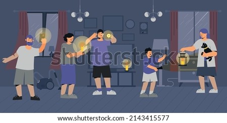 Power outage flat composition with indoor view of living room with family members holding portable lights vector illustration Royalty-Free Stock Photo #2143415577