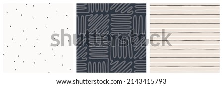 Masculine seamless pattern set in neutral colours. Square maze, stripes and abstract marks coordinating vector design collection for fashion textile. Royalty-Free Stock Photo #2143415793