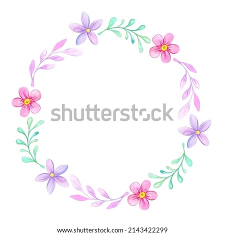 Flower wreath. Watercolor illustration. Hand-painted watercolor. Delicate pastel colors. Spring flowers and leaves. Colorful illustration on a white background.