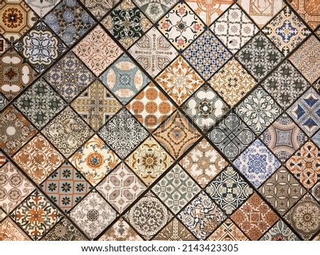 Ceramic tile texture background in oriental style. Selective focus. High quality photo Royalty-Free Stock Photo #2143423305