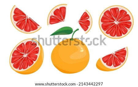 Grapefruit collection.A set of grapefruit icons, slices, grapefruit cut in half, circles.Vector illustration of grapefruit for advertising, social networks, websites. Royalty-Free Stock Photo #2143442297