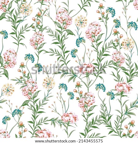 Hand drawn paint brused Wild flower ,Meadow floral Seamless pattern Vector illustration artistic style ,Design for fashion , fabric, textile, wallpaper, cover, web , wrapping and all prints 