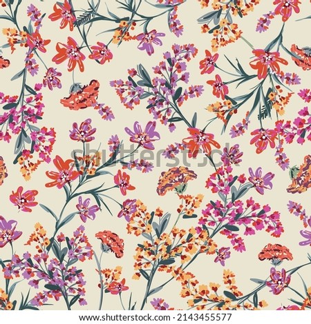 Colourful Blooming Hand drawn paint brused Wild flower ,Meadow floral Seamless pattern Vector illustration artistic style ,Design for fashion , fabric, textile, wallpaper, wrapping and all prints Royalty-Free Stock Photo #2143455577