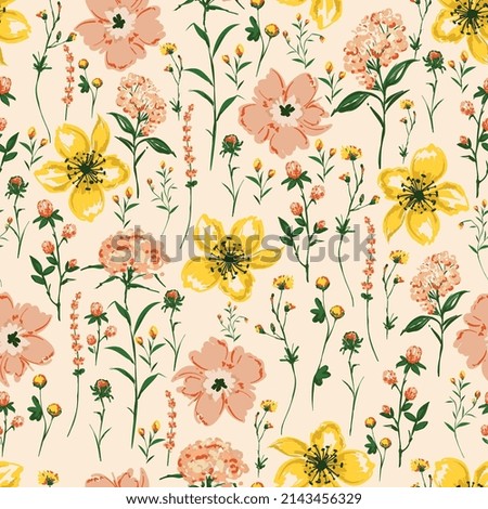 Delicate Blooming Hand drawn paint brushed Wild flower ,Meadow floral Seamless pattern Vector illustration artistic style ,Design for fashion , fabric, textile, wallpaper, wrapping and all prints