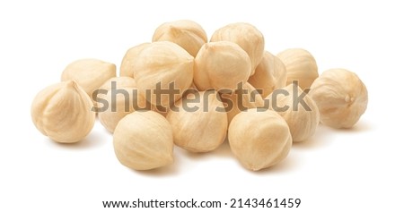 Pile of peeled roasted hazelnuts isolated on white background. Package design element with clipping path Royalty-Free Stock Photo #2143461459