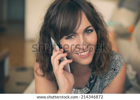 Close Up Portrait of Smiling Brunette Woman Talking on Cell Phone iphon style