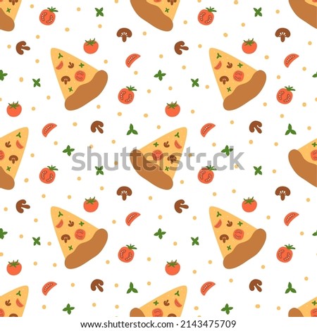 Pizza pattern. Pizza seamless pattern. Pizza slice, tomatoes, mushrooms, basil illustrations for pizza background, paper, wallpaper, package graphic design. Fast food graphic cartoon card.