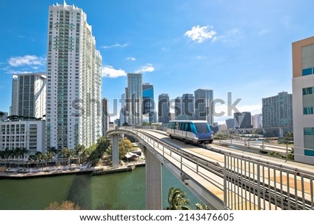 Miami downtown skyline and futuristic mover train view, Florida state, United States of America
