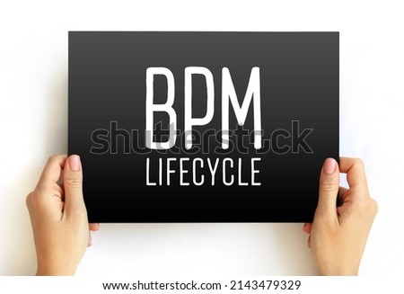 BPM Lifecycle - standardizes the process of implementing and managing business processes inside an organization, text concept on card
