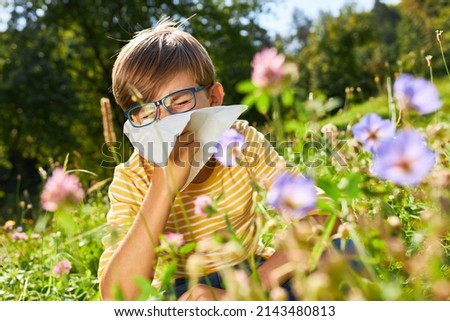 Boy with hay fever sits in a blooming meadow while sneezing with a handkerchief Royalty-Free Stock Photo #2143480813
