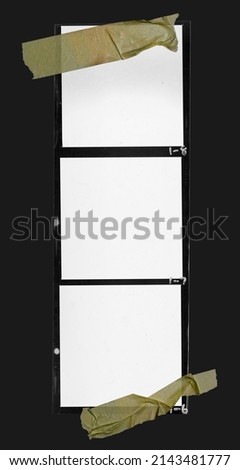 photo of black and white hand copy contact sheet with 3 empty film frames. 120mm film photo placeholder fixed by two crumpled sticker on black background.