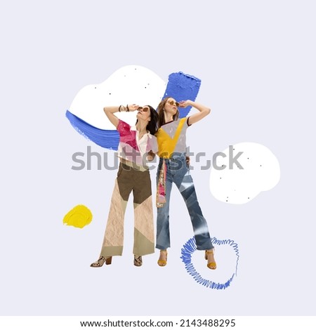 Contemporary art collage. Two fashionable young women wearing handmade cloth from different materials. Environmental problems. No plastic usage. Save earth from non recyclable materials Royalty-Free Stock Photo #2143488295