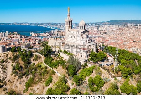 Notre Dame de la Garde or Our Lady of the Guard aerial view, it is a catholic church in Marseille city in France Royalty-Free Stock Photo #2143504713