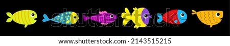 Fish icon line set. Cute cartoon kawaii funny baby character. Marine life. Colorful aquarium sea ocean animals. Kids collection. Isolated. Black background. Flat design. 