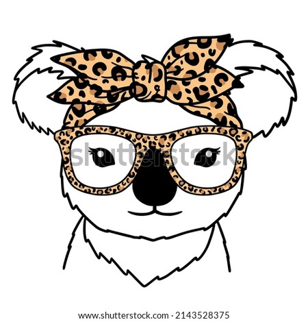 Koala black and white hand drawn portrait. Koala with Leopard Bandana and glasses. Koala face in line.  Cute muzzle Koala. Good for posters, t shirts, postcards.