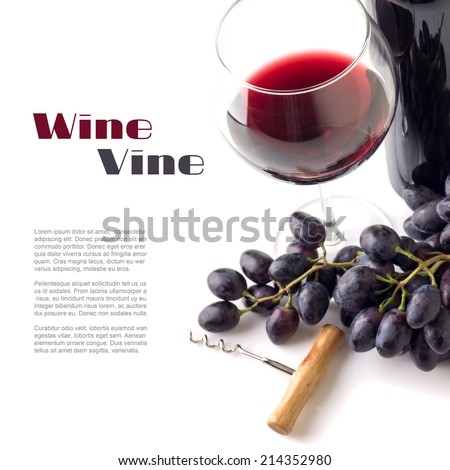 Red wine in wineglass with grapes isolated on white background. Winery background with Copy space