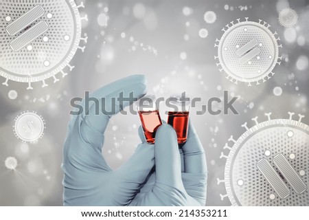 Gloved hands hold liquid samples on background with flu virus particles, text space