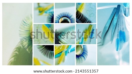 set of photos for advertising beauty services - eyelash extensions. Brushes, artificial synthetic colored eyelashes, other lash maker accessories. Collection of images for content selling services