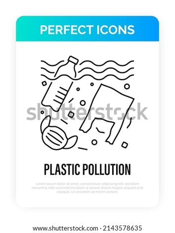 Plastic pollution. Plastic bottle, plastic bottle and medical mask in ocean or sea. Thin line icon. Overconsumption. Trash under water. Vector illustration.