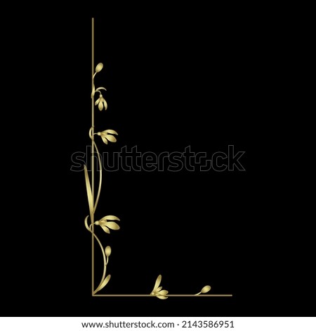 Beautiful letter L with blooming branches of snowdrop flower (Galanthus). Floral font. Artistic alphabet with spring botanical motifs. Golden glossy silhouette on black background.
