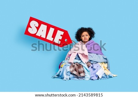 Picture photo of tired exhausted lady cleaning household sitting wrapped many clothes hate mess heap floor decide swap garage sale flea market low prices