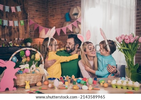 Photo of full idyllic family cuddle feelings harmony prepare easter basket house indoors