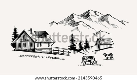 Cow with nature landscape vector ink hand drawn. Royalty-Free Stock Photo #2143590465
