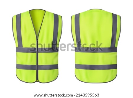 Safety vest jacket, isolated security, traffic and worker uniform wear. Vector fluorescent green waistcoat realistic 3d mockup with reflective stripes and zip, personal protective clothing Royalty-Free Stock Photo #2143595563