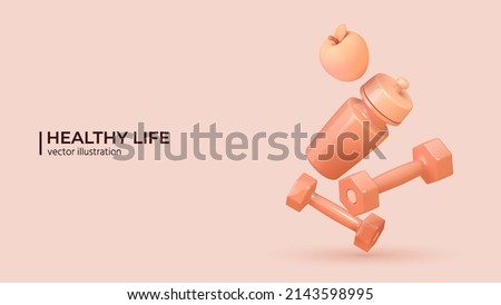 Healthy lifestyle concept. 3d set of sport equipment. Realistic fitness inventory, gym accessories in trendy colors. Dumbbells, water bottle and an apple. Vector illustration in cartoon minimal style. Royalty-Free Stock Photo #2143598995
