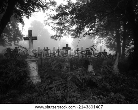 Dark ancient cemetery in the fog. Crosses and graves in a spooky abandoned cemetery. Place of burial.  Royalty-Free Stock Photo #2143601407