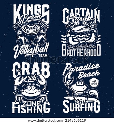 Tshirt prints with crabs, vector mascots for apparel design. Isolated labels with funny crab characters and typography for volleyball sports team, surfing or fishing club t shirt prints or emblems set